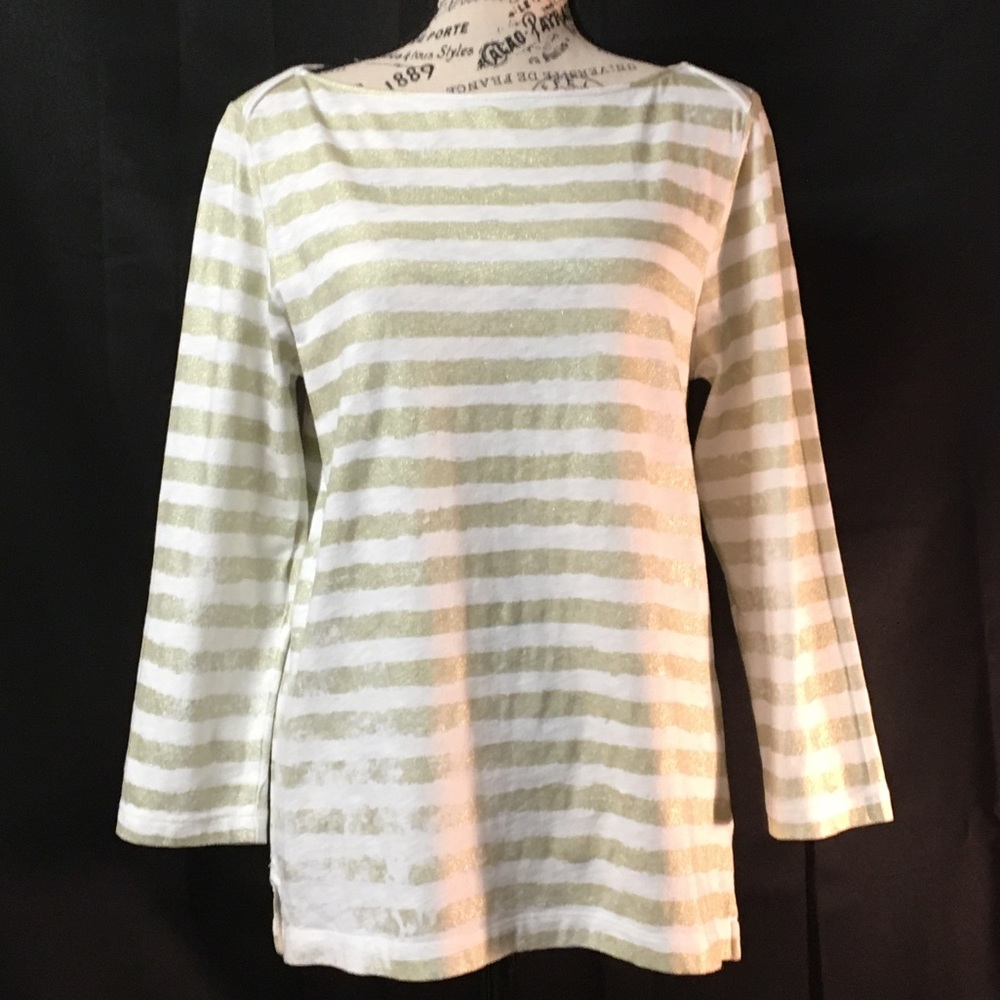 J Crew Boatneck Top White and Gold Stripes Large